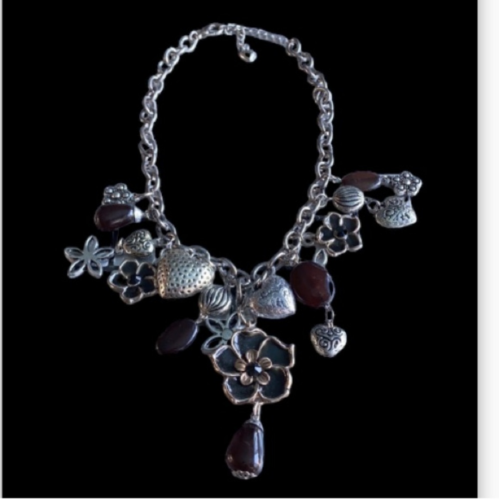 Chunky Black & Silver Flower & Hearts Statement Necklace!